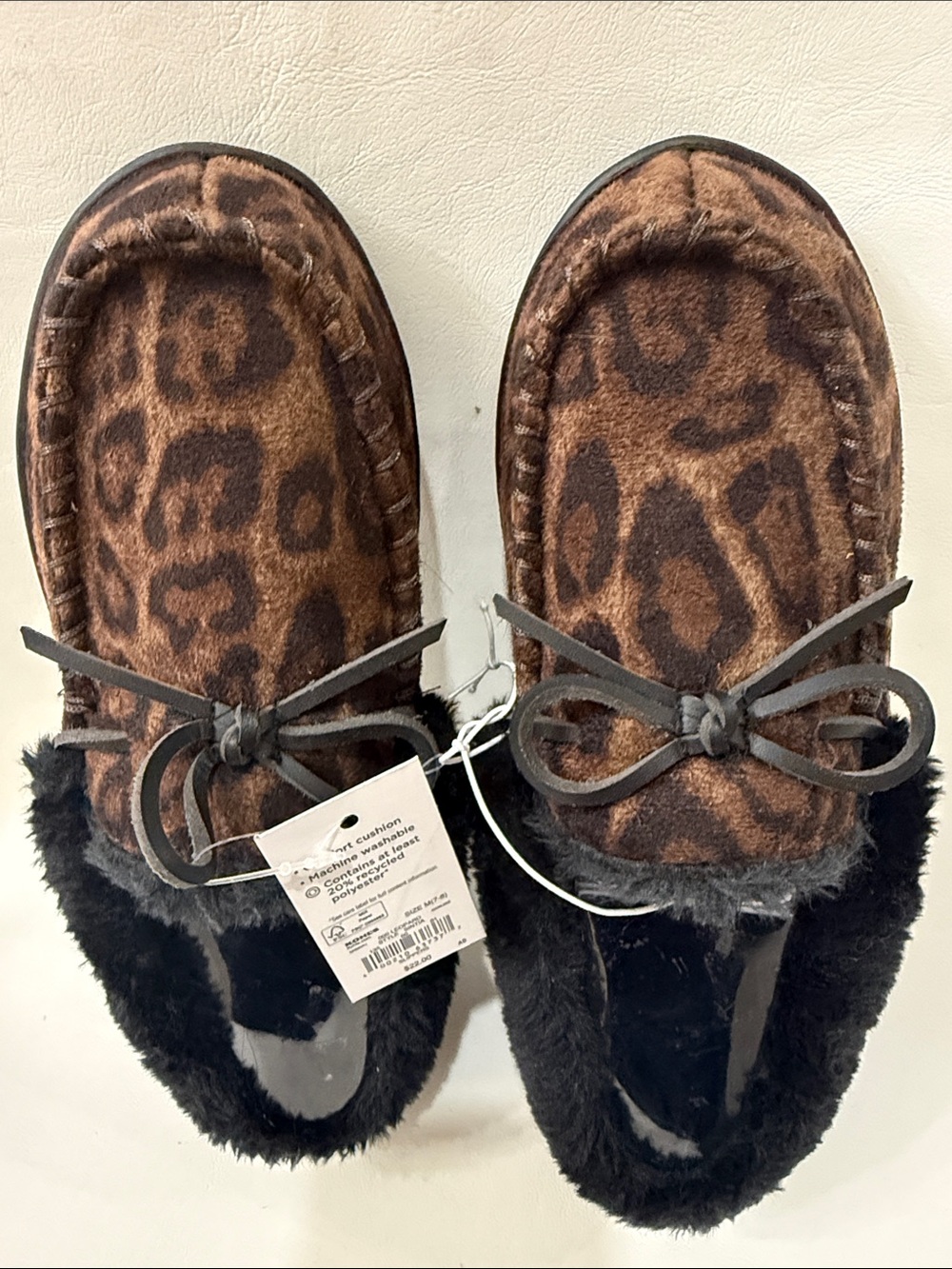 SONOMA Leopard-Print Moccasin Slippers Medium 7-8 Black Faux-Fur Lined Trim New - Picture 3 of 4